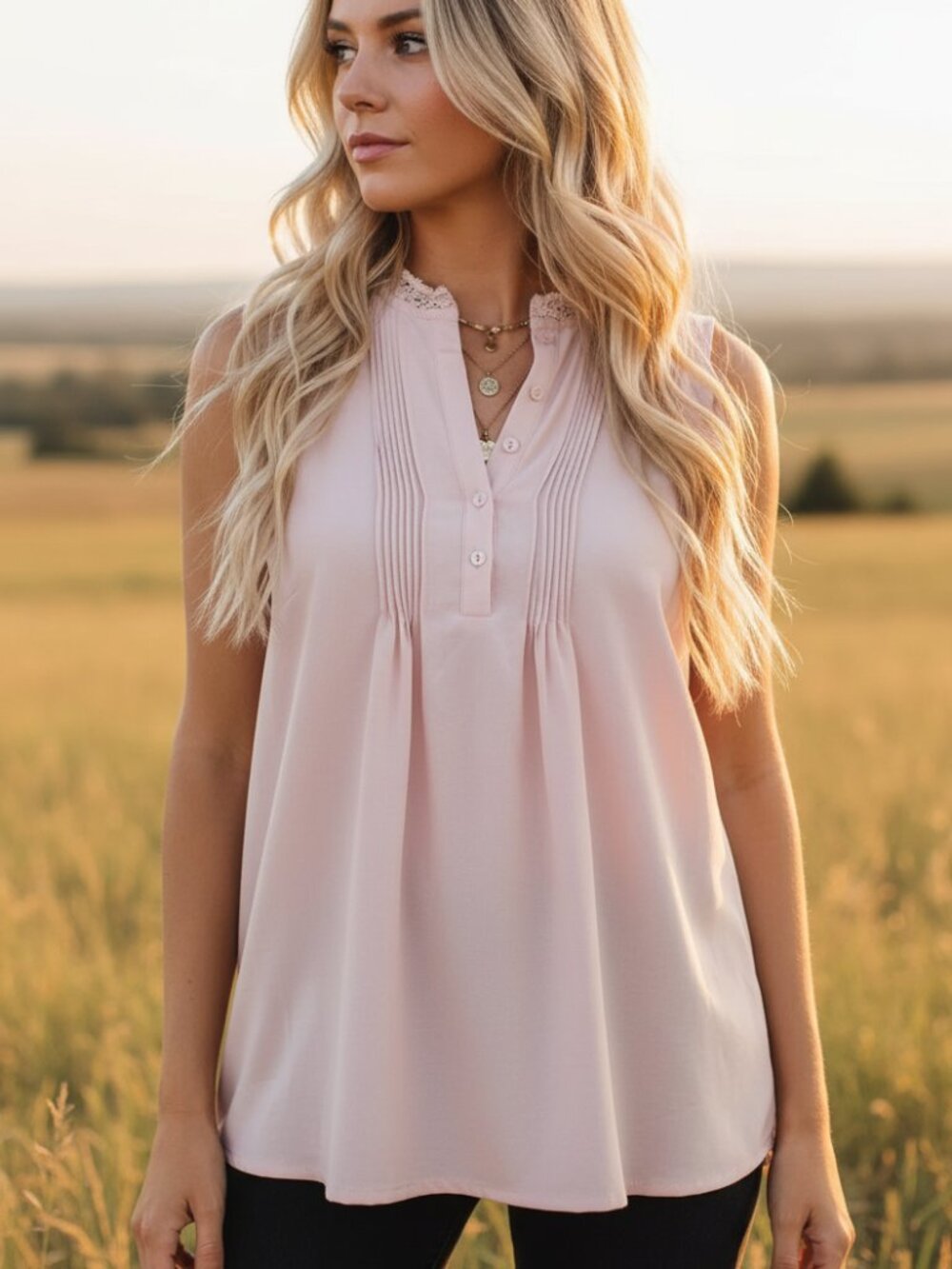 A New Day M Top Sleeveless Pink Lace Trim Pintuck Boho Coquette Soft Girl Office